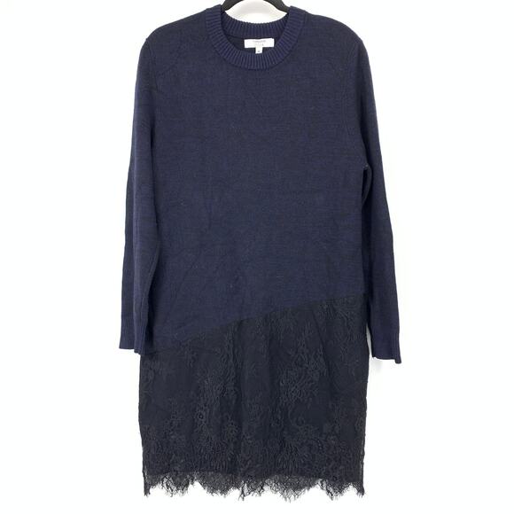 Thakoon Collection Asymmetric Lace Sweater Dress Sz L Navy Black Long Sleeve - Picture 1 of 6
